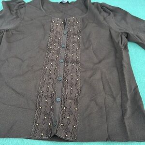 ANNE TAYLOR LOFT Chocolate Beaded Blouse Sweater Lace Trimmed 3/4 Sleeves S